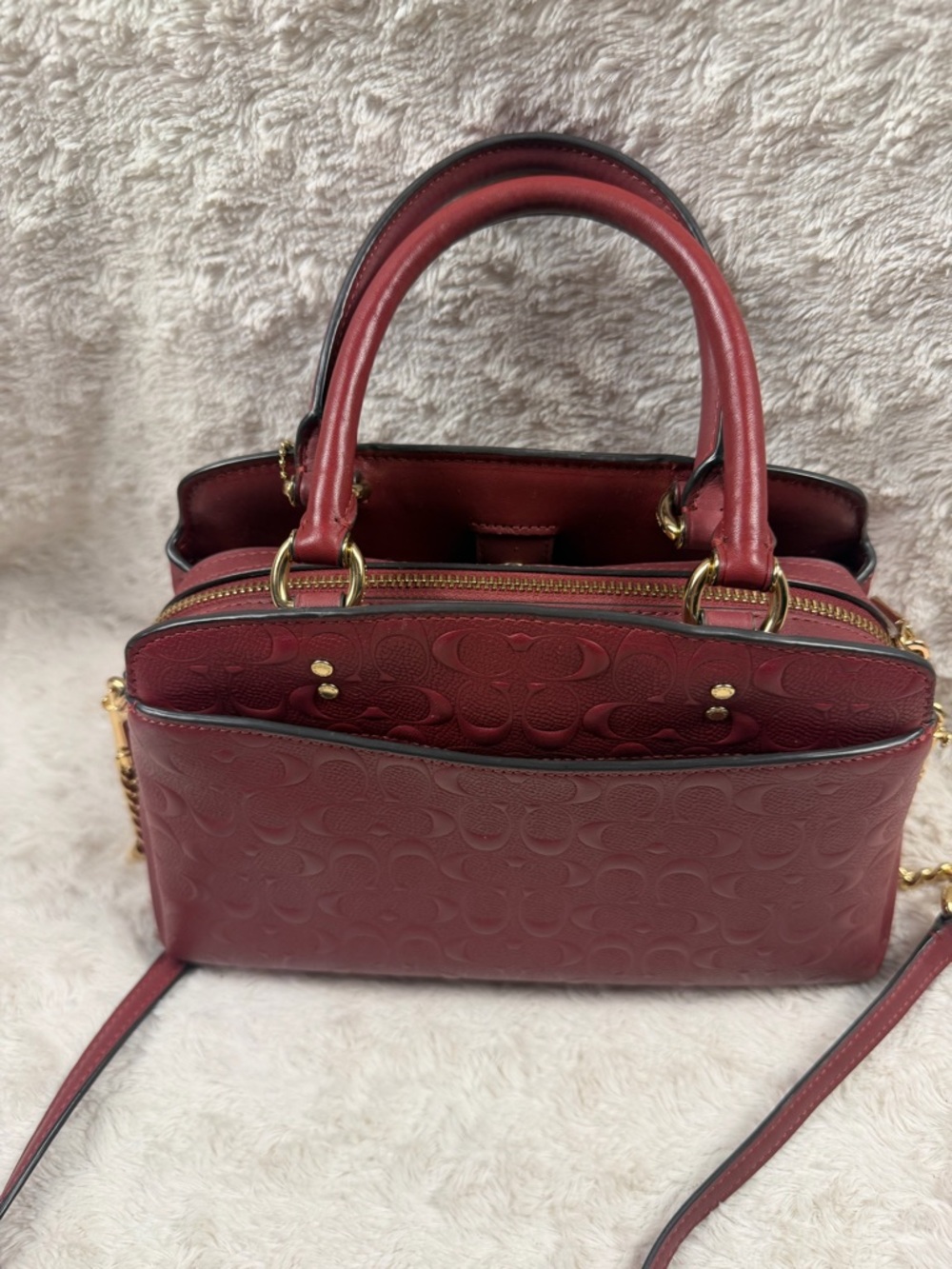 Coach Wine Embossed Leather Satchel with Gold Chain Strap - Picture 6 of 12
